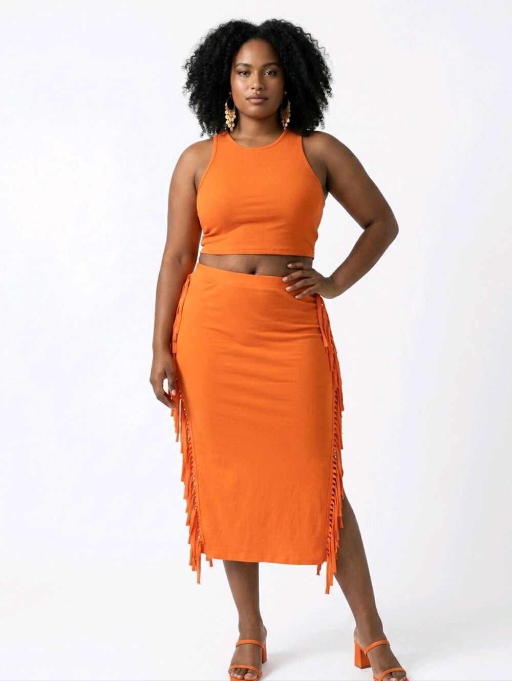 SHEIN Curve 1X Orange Fringe Two-Piece Midi Skirt Set | Never Worn